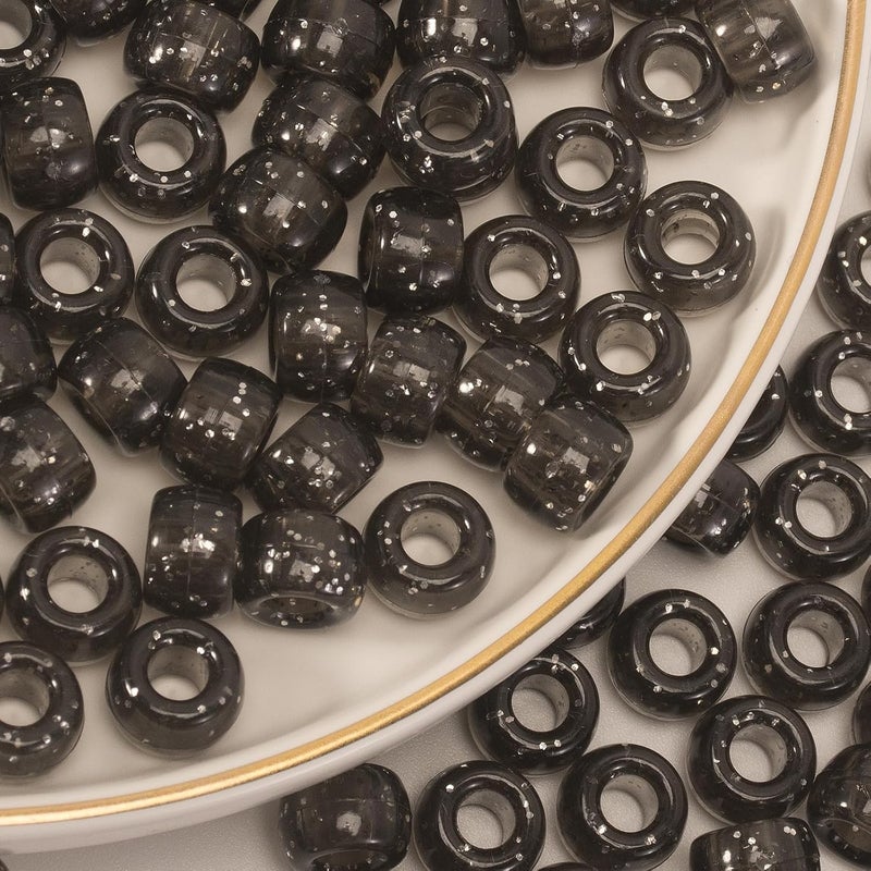 FINEWEN Pony Beads(1200Pcs 6x9mm) Hair Beads,Pony Beads Bulk,Beads for Bracelets Making,Beads for Hair Braids (Black Glitter) - Image 1